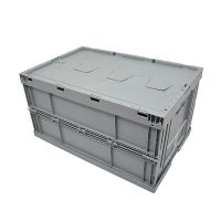 Caixa de plástico com tampa, rebatível 600x400x320mm, com 2 pegas abertas.